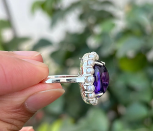 Vintage Amethyst <b>Ring</b> Sterling Silver Pearl Halo Oval Gemstone Antique Style Women Jewelry - Product Image 3
