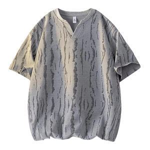 T-shirt décontracté pour homme à col en V effet craquelé, 100 % coton, blocs de couleur sur le devant, manches courtes, col ventilé, coupe ample, respirant, idéal pour la gym - Product Image 1