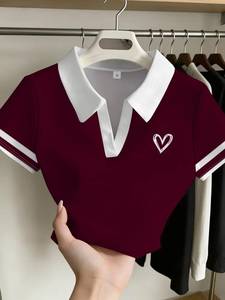Women's Polo Neck <b>Crop</b> <b>Top</b> Short Sleeve Embroidered Heart Preppy Style Slim Fit Spring Summer Knitted T-Shirt - Product Image 1