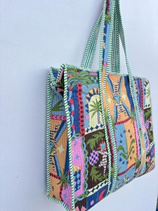 Sac fourre-tout en coton multicolore de qualité supérieure avec imprimé tropical, style bohème, sac à main décontracté d'été avec fermeture éclair pour le shopping et les voyages - Product Image 5
