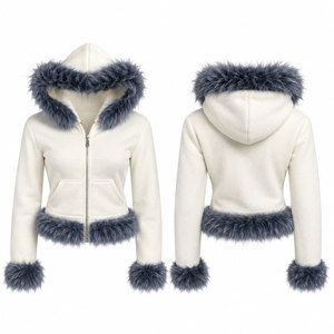 Veste d'hiver pour femme, à capuche, avec garniture en fausse fourrure crème, fermeture éclair, manches courtes, coupe régulière, coupe-vent, en polaire, couleur unie, avec capuche - Product Image 1
