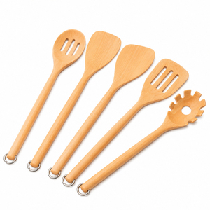 Juego de cucharas de cocina de madera ecológicas, utensilios de cocina de madera de haya natural, espátula de madera antiarañazos para utensilios de cocina antiadherentes - Product Image 1
