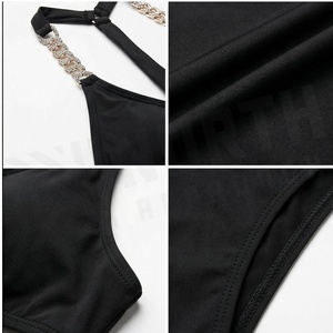 Ensemble de bikini noir à bretelles avec garniture en strass et bas string, maillot de bain pour femme - Product Image 4
