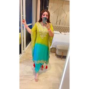 DESIGNER CHINON <b>SILK</b> EMBROIDERY SEQUENCE PRINT WORK KAFTAN BOTTOM PARROT <b>GREEN</b> - Product Image 1