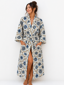 Robe kimono élégante en pur coton à motifs floraux pour femme, longue robe de détente, peignoir fait main à motifs imprimés, tenue de spa, couverture de mariée avec poches - Product Image 2