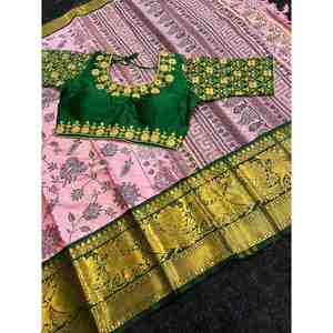 SAREE DE TRAVAIL ATTRACTIF EN COTON IMPRIMÉ AVEC BLOUSE READY MADE BÉBÉ ROSE - Product Image 1