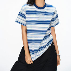 Camiseta de Algodón con Rayas, Corte Holgado, Cuello Redondo, Manga Corta, Dobladillo Asimétrico, Estilo Casual Urbano - Product Image 1