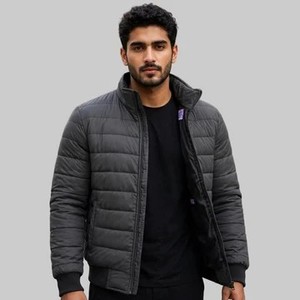 Chaqueta Acolchada Negra para Hombre, Cuello Alto, Cierre de Cremallera, Resistente al Viento, Informal, Invierno, Color Sólido, Relleno de Poliéster, Corte Regular - Product Image 6