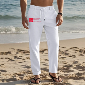 กางเกงลำลองผู้ชายสไตล์อเมริกันแบบมีเชือกผูก รุ่นใหม่ปี 2025 ดีไซน์เรียบง่ายทันสมัย สีพื้น ทรงตรง ผ้าลินิน เหมาะสำหรับใส่ไปชายหาด - Product Image 5