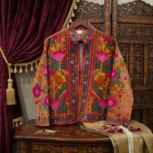 Brown Velvet Embroidery Bomber Jacket | Pink Floral Needle <b>Work</b> <b>Stand</b> Collar Women Casual Wear Handmade Masterpiece Outerwear - Product Image 3