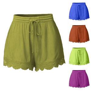 Shorts de Lino Casuales para Mujer con Ribete de Encaje, Cintura Alta Elástica con Cordón, Pantalones Cortos de Playa para Verano, Fabricante OEM - Product Image 2