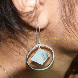 Boucles d'oreilles pendantes géométriques en argent sterling 925, faites à la main, en forme de cercle et de diamant, bijoux de mode pour femmes, cadeau pour elle - Product Image 2