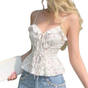 เสื้อสายเดี่ยวผู้หญิงสีขาวลายดอกไม้ แต่งระบาย สายสปาเก็ตตี้ ผูกด้านหน้า ทรงเปปลัม แขนกุด ใส่สบายๆ สำหรับฤดูร้อน ผ้าโพลีเอสเตอร์ 100% ทรงพอดีตัว - Product Image 1