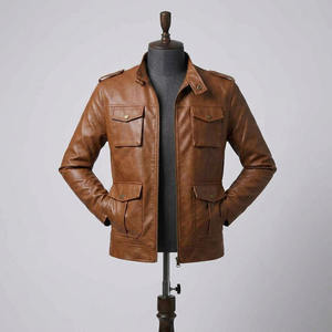 Chaqueta de Cuero PU Personalizada para Hombre, Corte Ajustado, Color Marrón Claro, Estilo Casual con Múltiples Bolsillos y Epaulettes en los Hombros, Chaqueta Estilo Motero - Product Image 6