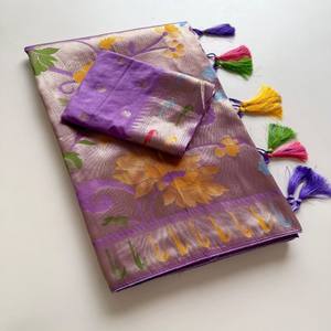 VASTRA COTTAGE Saree Jamdani Puro con Borde Paithani Minakari, Pallu de Zari de Lujo y Trabajo de Bordeado con Dori y Borlas, con Blusa a juego - Product Image 1