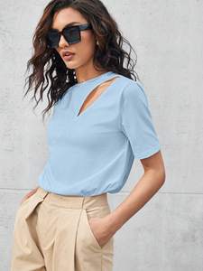 Asymmetric Cutout Neck Tee Casual Loose Short Sleeve <b>Top</b> Women's Shirts Short Sleeve O-Neck Hollow Out Casual Spring Summer <b>Top</b> - Product Image 5