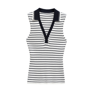 Chaleco de punto acanalado sin mangas para mujer, estilo polo, cuello vuelto, camiseta sin mangas de algodón a rayas - Product Image 5