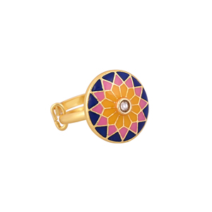 Gold Plated Blue Pink Yellow Enamel Round <b>Adjustable</b> Finger <b>Ring</b> for Women Floral Mandala Stone Studded Designer Jewelry Gift - Product Image 1
