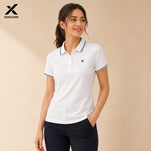 Polo blanc personnalisé pour femme X Sports City, manches courtes, coupe ajustée, tissu piqué respirant avec logo, vêtements décontractés pour le printemps et l'été - Product Image 3