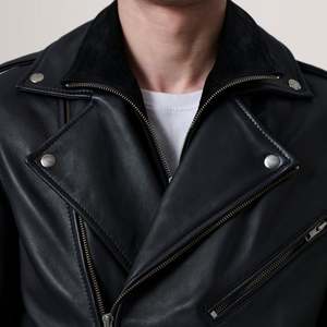 Blouson double zippé en cuir noir Kole, respirant, style vintage, coupe décontractée, col montant, pour homme, OEM, automne - Product Image 4