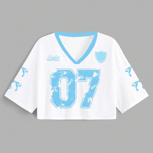 Ballet Football Women's Navy Blue <b>Mesh</b> <b>Crop</b> <b>Top</b> V-Neck Short Sleeve 07 Number Print Sporty Style Spring Summer - Product Image 4