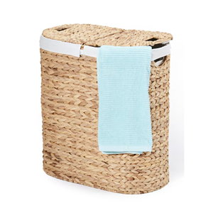Handwoven Double Oval Water Hyacinth Laundry Hamper <b>With</b> <b>Lid</b>, 2-Compartment <b>Basket</b> <b>With</b> Cotton Liner For Bathroom, Vietnam Craft - Product Image 5