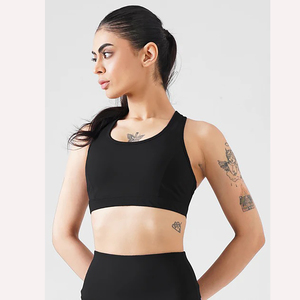 เสื้อชั้นในกีฬาผู้หญิงไร้ตะเข็บ สีดำล้วน คอกว้าง ทรง Racerback แบบครอปท็อป ระบายอากาศได้ดี ผลิตจากผ้าสแปนเด็กซ์และโพลีเอสเตอร์ ยืดได้สี่ทิศทาง เหมาะสำหรับโยคะระดับกลาง - Product Image 6