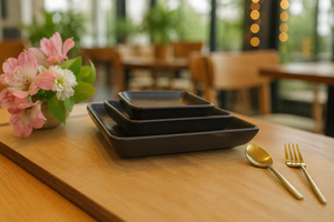 Modern Beige <b>Ceramic</b> Serving <b>Plates</b> and Bowl Collection Minimal Square <b>Ceramic</b> Dish Set Designer Square <b>Ceramic</b> Dinner Set - Product Image 4