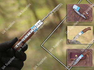 Couteau de survie EDC pliable artisanal en acier Damas à motif torsadé, manche en bois de rose et turquoise, lame Drop Point - Product Image 3