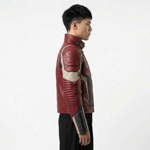 Mens <b>Burgundy</b> Red Genuine <b>Leather</b> Motorcycle <b>Jacket</b> Buckle High Neck Skull Embroidered Cyberpunk Biker Outerwear - Product Image 3