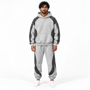 Heavyweight French Terry Cotton Sweatsuit Set Men <b>Oversized</b> Pullover Hoodie <b>Jogger</b> Pants Relaxed Streetwear Fit Color Blocking - Product Image 5