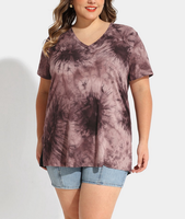 Kaos Wanita Ukuran Besar 100% Katun, Motif Tie-Dye, V-Neck, Oversize, Logo Custom, Drop Shoulder, 180 GSM, Cocok untuk Musim Panas, Laris Manis