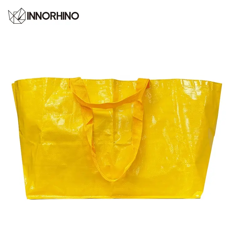 Innorhino ถุงผ้า PP สีเหลืองขนาดใหญ่ทนทานกันน้ำส่งฟรีกระเป๋าช้อปปิ้งชายหาดมีโลโก้ตามสั่ง