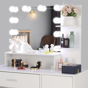 FCH Grand ensemble coiffeuse avec 10 ampoules LED, tabouret rembourré, 3 étagères de rangement, 1 tiroir, 1 armoire - Product Image 4