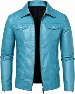 Veste en cuir PU turquoise pour homme, style motard, col rabattu, fermeture éclair, coupe ajustée, longueur normale, couleur unie - Product Image 1
