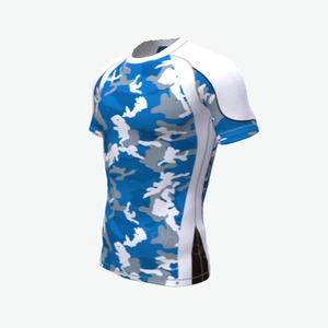 Blue Camouflage Short Sleeve Breathable <b>Rash</b> <b>Guard</b> <b>Men</b> Quick Dry Spandex Athletic Top Adult Unisex Sport Shirt Printed Design - Product Image 3