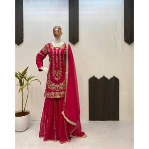 Conjunto de Top y Sharara Amarillo de Fiesta para Mujer de Diseñador LG con Dupatta, Talla L - Product Image 1