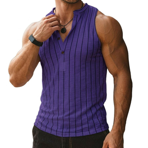 Bulk OEM Men's Vertical Striped Tank Top Sleeveless Button <b>Down</b> Henley Shirt Muscle Fit Breathable Summer Wear Tank Tops For Men - Product Image 1