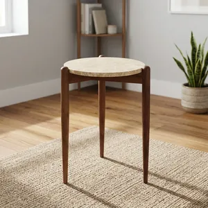 Modern Round Marble Top Side Table Midcentury Wood Base Handmade Living Room Furniture - Product Image 6