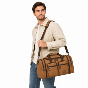 Bolsa de Lona Personalizada Color Café Marrón, Bolsa de Viaje con Múltiples Bolsillos, Correa de Hombro Ajustable, OEM - Product Image 6
