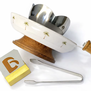 Brûleur à Bakhoor en Acier Inoxydable avec Poignée en Bois, Plateau en Palme Blanc, Mabkhara Arabe, Ensemble Porte-Encens au Charbon, Fait Main Aromatique - Product Image 1