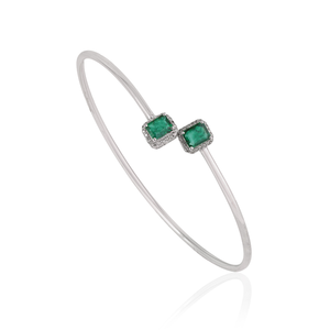 Stunning <b>Solid</b> 925 Sterling <b>Silver</b> Octagon Cut 100% Genuine Emerald & Diamond Open Cuff Bangle Fine Jewelry - Product Image 3