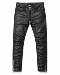 Premium Genuine Leather Pants Men Slim Fit <b>Black</b> Clubwear Two Way Front Zipper Five <b>Pocket</b> Ankle Zipper Custom OEM Wholesale - Product Image 1