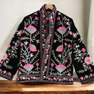 Chaqueta de Terciopelo con Bordado Floral para Mujer, Cuello Chal, Manga Larga, Estilo Prairie Chic Otoñal, Patrón de Bordado Hecho a Mano - Product Image 5