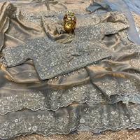 Sari indien traditionnel en soie satinée, broderie Zari, tenue de soirée élégante pour femme, recyclé