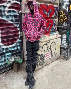 Custom Y2K Skull Print Winter Digital Printing Hoodie <b>Men</b> Streetwear Zip up Pink Leopard Pattern Hip Hop Oversized Wholesale - Product Image 2