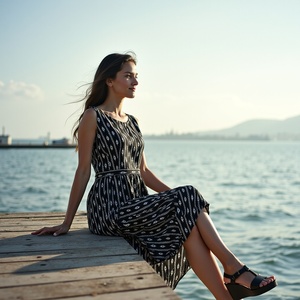 Vestido MIDI de algodón suave transpirable artesanal para chicas jóvenes con estampado de ikat negro y detalles versátiles de bolsillos laterales - Product Image 5