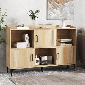 Credenza in Legno Massello con 3 Ante e Ripiani Aperti per Soggiorno, Sala da Pranzo, Home Bar - Product Image 1