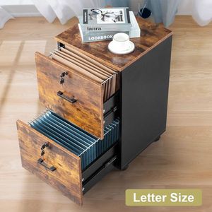 Armadietto Portadocumenti in Legno Marrone e Nero con 2 Cassetti e Ruote, con Serratura per una Comoda Conservazione - Product Image 4