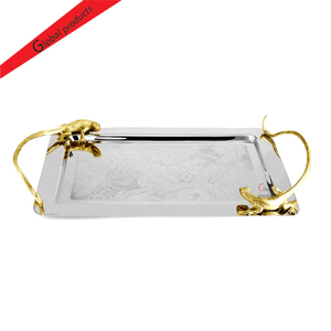 Bandeja de Servir Rectangular Plateada de Diseño Único para Alimentos y Frutas, con Asas de Metal con Diseño de Lagarto Dorado, para el Hogar, Hoteles y Restaurantes - Product Image 1